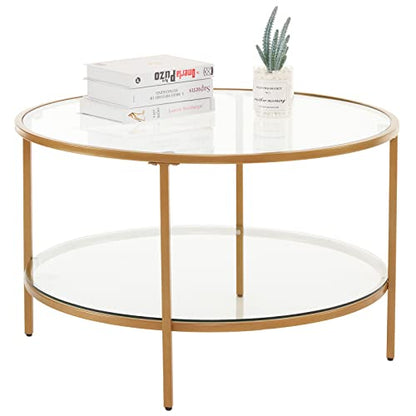 VINGLI 30" Glass Coffee Table, Round Coffee Tables Living Room, Matte Gold | 2-Tier Clear Coffee Table with Storage, Circle Side Table Metal Frame, Modern Center Table Mesa de Centro para Sala - color: Clear-matte Gold, size: 30.7"