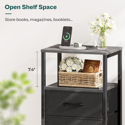 Huuger Nightstand with Charging Station, Side Table with Fabric Drawers, End Table with Open Shelf, Bedside Table with USB Ports and Outlets, Night Stand for Bedroom, Charcoal Gray | End Table with Open Shelf, Bedside Table with USB Ports and Outlets, Nig