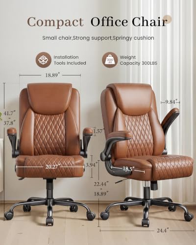 COMHOMA Mid-Back Office Chair, Ergonomic PU Desk Chair with Flip up Arms, Small Computer Gaming with Comfy Lumbar Support,Rocking Function,Sturdy Metal Base, Brown - color: Brown