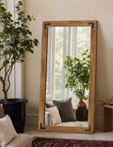 Wood Framed Full Length Mirror for Wall, 55"X28" Floor Standing Body Mirror | Solid Wood Frame, HD Shatterproof Glass, Hanging or Leaning Mirror for Bedroom, Living Room, & Entryway - size: 55"L x 28"W