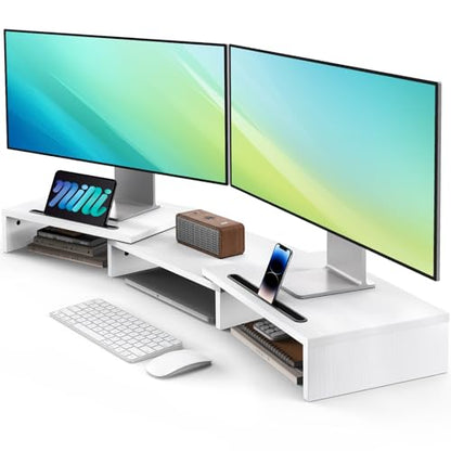 AMERIERGO Dual Monitor Stand Riser- 3 Shelf Screen Stand with Adjustable Length and Angle, 2 Extra Functional Slot Desktop Organizer Stand for PC, Computer, Laptop (White) - color: White