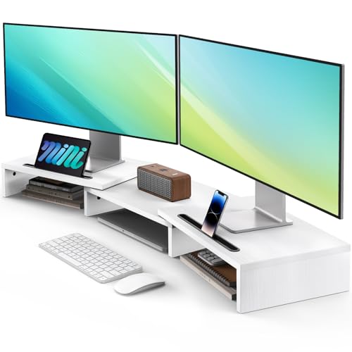 AMERIERGO Dual Monitor Stand Riser- 3 Shelf Screen Stand with Adjustable Length and Angle, 2 Extra Functional Slot Desktop Organizer Stand for PC, Computer, Laptop (White) - color: White