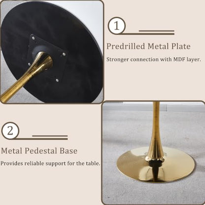 31.5" Round Dining Table, Sintered Stone Tulip Table with Gold Metal Pedestal Base, Modern Leisure Dining Table for Small Space, Kitchen, Dining Room (White and Gold) - color: White and Gold