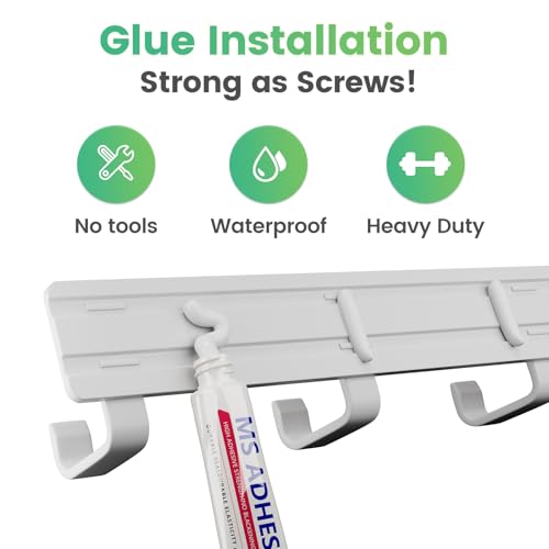 16" Heavy Duty Wall Mount Coat Rack with 6 Hooks, 2-Pack (White) | Strong Glue or Screw Mount，coat hanger for hanging Coats, Hats, Jackets & Bags in Entryway, Bedroom, Bathroom or Closet - color: White - 2 Pack