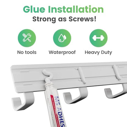 16" Heavy Duty Wall Mount Coat Rack with 6 Hooks, 2-Pack (White) | Strong Glue or Screw Mount，coat hanger for hanging Coats, Hats, Jackets & Bags in Entryway, Bedroom, Bathroom or Closet - color: White - 2 Pack