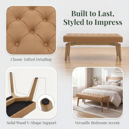 HNY Brown PU Leather Upholstered Bench,45.5 Wood Window Bench | Entryway Bench Storage Bench Bedroom Bench Modern Tufted Floating Design Seat for Living Room Indoor Hallway - color: Brown Pu
