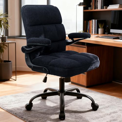 Office Chair with Wheels, Ergonomic Home Office Computer Chair with Flip-up Armrest, Adjustable Rolling Desk Chair Teddy Fleece – Dark Blue - color: Dark Blue