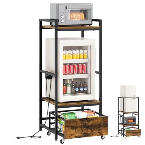 Mini Fridge Stand with Movable Drawer, Microwave Stand with Power Outlet, Mini Fridge Shelf with Adjustable Shelves, Kitchen Bakers Rack for Dorm, Dining Room, Home, Rustic Brown HB05UBR