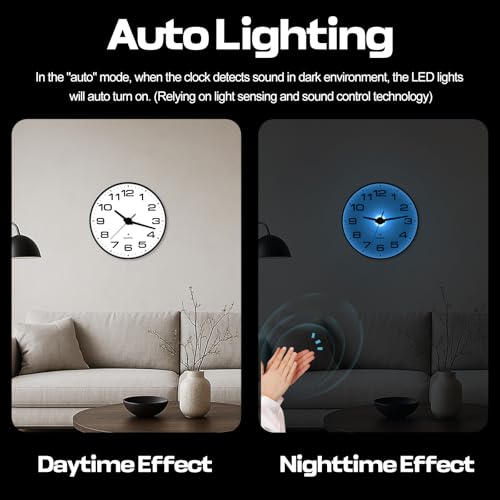 Night Light Wall Clocks Battery Operated, 10 Inch Silent Wall Clock for Bedroom Night Glow, Sound Control Luminous Wall Clocks for Living Room Decor, LED Wall Clock Modern for Kitchen Office - size: 10 Inch
