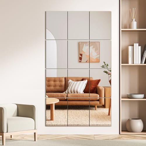 Wall Mirror Tiles, 16"x12"x12PCS Full Length Home Gym Mirror | HD Tempered Glass, Frameless Workout Mirror for Garage, Bedroom, Living Room, Over The Door - size: 16"x12"x12PCS