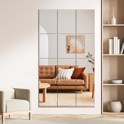 Wall Mirror Tiles, 16"x12"x12PCS Full Length Home Gym Mirror | HD Tempered Glass, Frameless Workout Mirror for Garage, Bedroom, Living Room, Over The Door - size: 16"x12"x12PCS