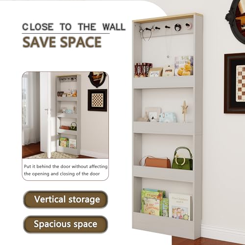 Behind Door Bookshelf Kids,Wooden Slim Tall Bookshelf 4-Tier Narrow Shelf | Space-Saving Book Shelf Organizer for Toys & Story Books Wall Mount Shelves with 5 Hooks Bedroom Living Room Antique White