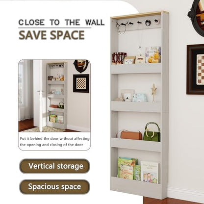 Behind Door Bookshelf Kids,Wooden Slim Tall Bookshelf 4-Tier Narrow Shelf | Space-Saving Book Shelf Organizer for Toys & Story Books Wall Mount Shelves with 5 Hooks Bedroom Living Room Antique White
