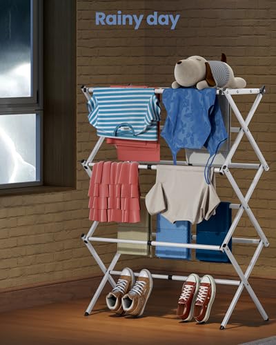 Oversize 3-Tier Clothes Drying Rack, No Install, White | Expandable Design, Non-slip feet, Tool-free Setup, Rust Prevention, Sturdy Construction, 14.9" D x 29.3" W, Holds 24lbs - color: White