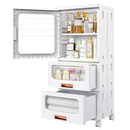 VECELO Narrow Bathroom Storage Cabinet with 2 Drawer, Foldable Storage Organizer with Movable Wheels and Adjustable Shelf for Small Space, Kitchen, Laundry, White - size: 2 Drawer