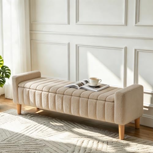 Aoiy & Wifon 63.4" W Large Storage Ottoman Bench, King Size End of Bed Storage Bench with Wood Legs, Upholstered Window Bench for Bedroom, Living Room, Entryway, Teddy Wheat - color: Teddy Wheat