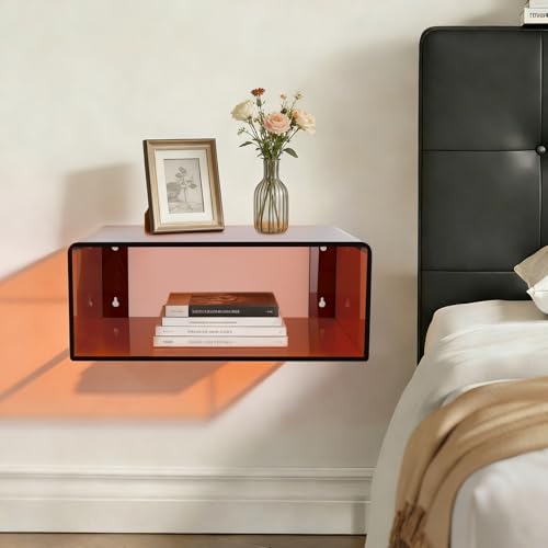 Acrylic Floating Nightstand Wall Mounted, Brown Bedside Table Modern Shelf for Bedroom Living Room Bathroom, Safe Rounded Corners