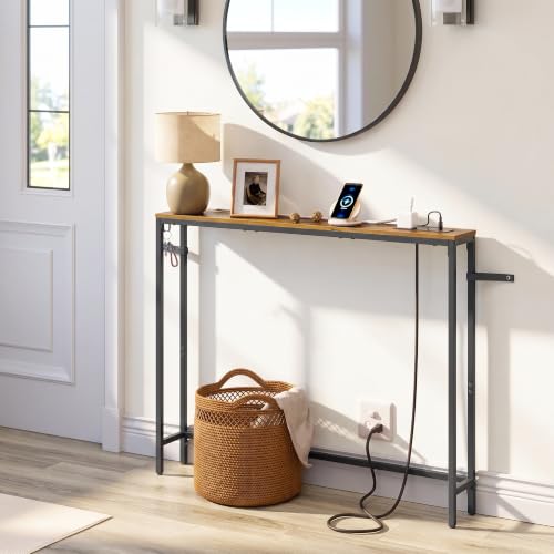 VASAGLE 39.4" Console Table, Narrow Behind Couch Table with Outlet | Sofa Table with 1 Hook, for Entryway, Living Room, Easy Assembly, Rustic Brown and Ink Black, BARNET Collection ULNT079K01 - color: Rustic Brown + Ink Black, size: 1 Tier (5.9"D x 39.4"W