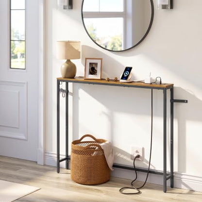 VASAGLE 39.4" Console Table, Narrow Behind Couch Table with Outlet | Sofa Table with 1 Hook, for Entryway, Living Room, Easy Assembly, Rustic Brown and Ink Black, BARNET Collection ULNT079K01 - color: Rustic Brown + Ink Black, size: 1 Tier (5.9"D x 39.4"W