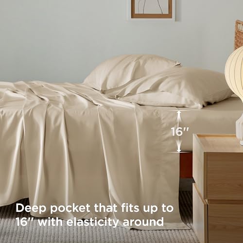 Bedsure PureWoven 100% Rayon Derived from Bamboo, Twin Bed Sheets, 3 Pieces | Cooling Sheets for Hot Sleepers, Breathable & Silky Soft, 16" Deep Pocket, Hotel Luxury Bedding, Beige - color: 03 - Beige, size: Twin