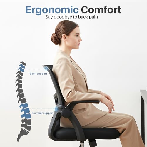 DUMOS Office Chair, Ergonomic Home Desk Chair, Ergonomic Lumbar Support | Height Adjustable, Flip-up Armrest, Rocking Mode, 360 Swivel, Conference Room, Black - color: Black Flip Arm
