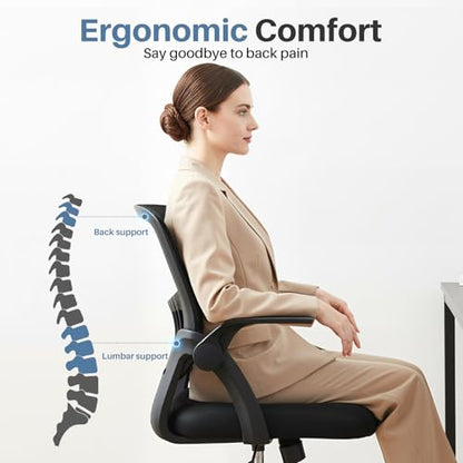 DUMOS Office Chair, Ergonomic Home Desk Chair, Ergonomic Lumbar Support | Height Adjustable, Flip-up Armrest, Rocking Mode, 360 Swivel, Conference Room, Black - color: Black Flip Arm