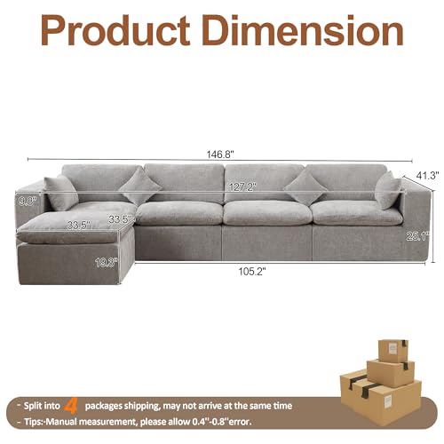 146''Cloud Boneless Sectional Couch, Modular Sectional Sofa Deep Seat with Ottoman, Oversized Upholstered Convertible Comfy 5 Seater Chenille Sofa L Shape Couches for Living Room, Light Grey - color: Light Grey, size: 146"/4 Seater+1 Ottoman