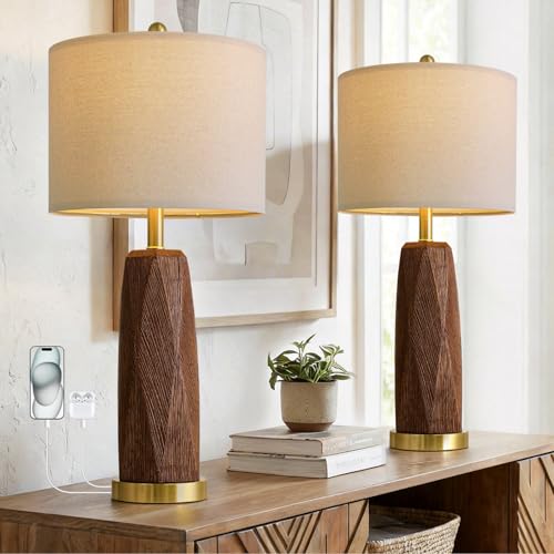 BOBOMOMO 27.5" Table Lamps Set of 2 with USB-A & USB-C Charging Ports, Wood Texture Resin Bedside Lamps with Linen Shade & Rotary Switch, Tall Nightstand Lamps for Bedroom, Living Room Office - color: Wood Grain