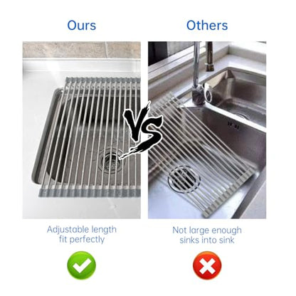 Expandable Roll Up Dish Drying Rack Over The Sink Rack, Large Dish Drainer Rack for Stainless Steel Sinks, Non-Slip Silicone Collapsible Rack 18 Tube for Kitchen, Sliver Gray - color: Gray+silver Expandable