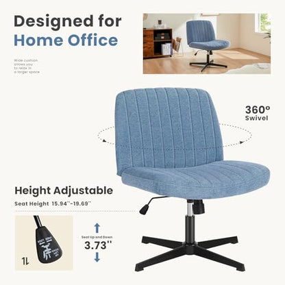 DUMOS Criss Cross Chair No Wheels Legged Office Wide Comfy Desk Vanity Chair, Armless Computer Task Seating, Swivel Home Height Adjustable for Bedroom, Study, Fabric, Blue No Wheel - color: Blue No Wheel