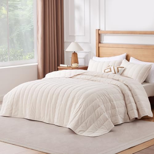 ALPHA HOME Cotton Lightweight Coverlet Set, Queen | 3 PCS, beige, striped, soft, all-season, machine washable, contemporary style - color: Beige, size: Queen
