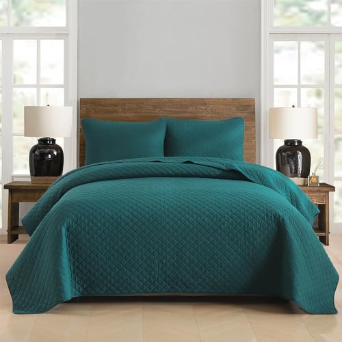 Wistown Cotton King Bedspread Quilt Bedding Set, Turquoise Green | 3 Pieces Reversible Lightweight Soft Coverlets Comforters, All Seasons, Diamond Stitching Pattern - color: Turquoise Diamond Pattern, size: King (98 by108inch)