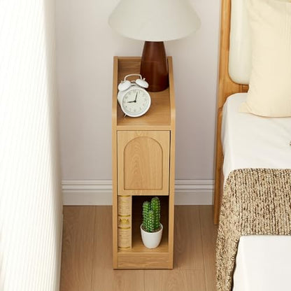 Narrow Nightstands Set of 2, Slim Bedside Tables with Raised Edge Top, Arched Drawer & Open Shelf, Modern Wooden Small End Tables for Bedroom Small Spaces (2, Natural) - color: Natural-arched Drawer, size: 2-Pack