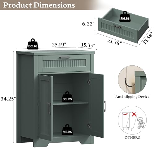 Fluted Buffet Sideboard Cabinet with Storage, Buffet Table with Drawer | Modern Buffet Table with Drawer & Doors, Wood Coffee Bar Console Table with Adjustable Shelf for Kitchen, Dining Room, Green - color: Green, size: 2 Doors & Drawer