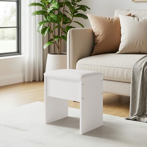 LIVELYGLOW Small Makeup Vanity Stool,15.7" W x 10.2" D x 16.7" H，White（Easy Assembly,PU Cushion Mat, Footstool） - color: Pure White