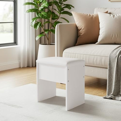 LIVELYGLOW Small Makeup Vanity Stool,15.7" W x 10.2" D x 16.7" H，White（Easy Assembly,PU Cushion Mat, Footstool） - color: Pure White