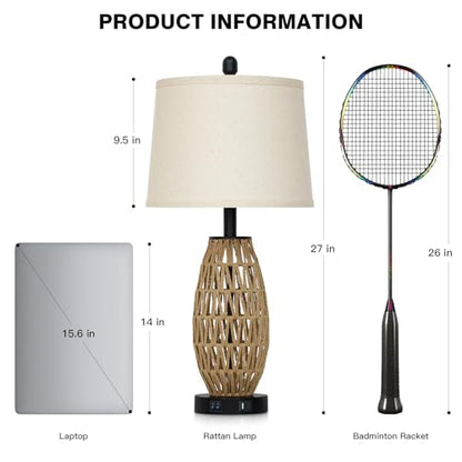 CINSARY 27" Boho Rattan Table Lamp with Night Light, Wicker Bedside Lamp with USB A+C Charging Port, Woven Coastal Bedroom Lamps for Nightstand, Tall Farmhouse Lamps for Living Room Single - color: Rattan-1P