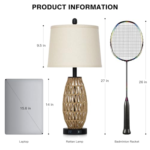 CINSARY 27" Boho Rattan Table Lamp with Night Light, Wicker Bedside Lamp with USB A+C Charging Port, Woven Coastal Bedroom Lamps for Nightstand, Tall Farmhouse Lamps for Living Room Single - color: Rattan-1P
