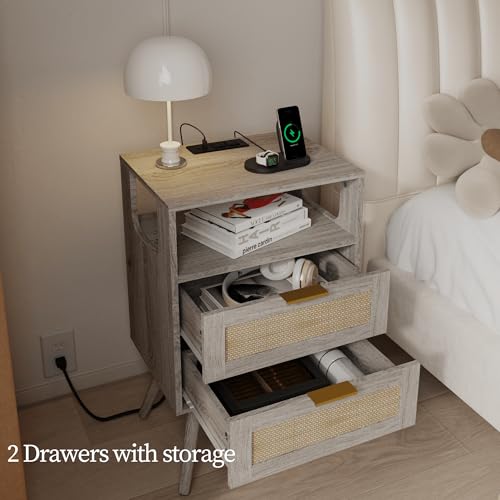 Rattan Nightstand with Charging Station,Farmhouse Bedside Table with 2 Storage Drawer and Open Wood Shelf, for Bedroom and Small Spaces,Night Stand with Solid Wood Legs (Grey Oak-Outlet) - color: Grey Oak-outlet