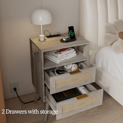 Rattan Nightstand with Charging Station,Farmhouse Bedside Table with 2 Storage Drawer and Open Wood Shelf, for Bedroom and Small Spaces,Night Stand with Solid Wood Legs (Grey Oak-Outlet) - color: Grey Oak-outlet