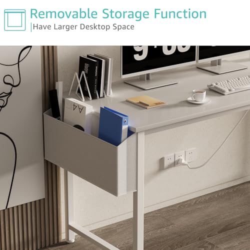 Lufeiya White Computer Desk with Power Outlet, 55 inch Teen Study Table Home Office Work Writing Gaming Desks with Charging Station Outlets Built in, White - color: White, size: 55.1"