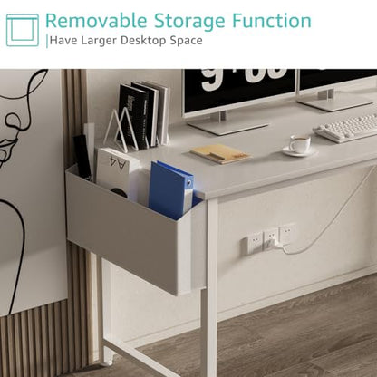Lufeiya White Computer Desk with Power Outlet, 55 inch Teen Study Table Home Office Work Writing Gaming Desks with Charging Station Outlets Built in, White - color: White, size: 55.1"