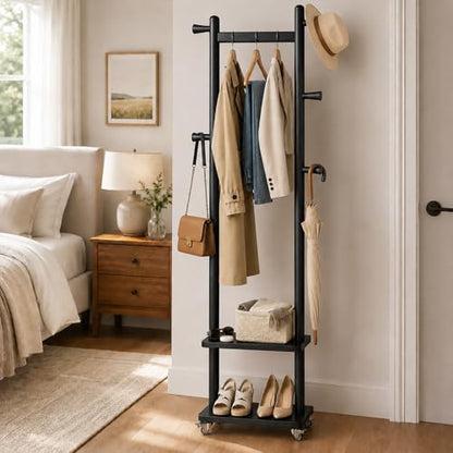 Small Clothes Rack Solid Wood Coat Rack Freestanding with Wheels | Space Saving, Stable 5 Hooks 2 Shelves Coat Tree, Silent 360 Degree Wheels, Heavy Duty 150 lb Capacity for Entryway Bedroom - color: Black, size: S: 15.7" x W: 11.8" x H: 70" (With Wheels)