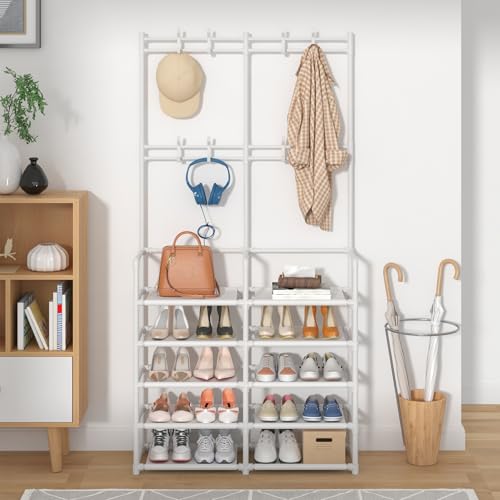 Laiensia 5-Tier Entryway Coat Rack, Coat and Shoe Rack, Entryway Bench Storage Organizer with 8 Hooks for Bedroom, Hallway, Office, White - color: White