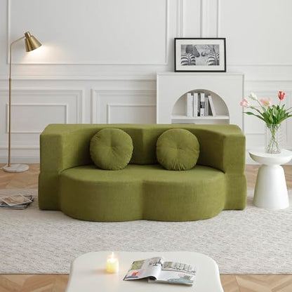 76" Convertible Folding Futon Sofa Bed, Queen Sleeper Sofa with Pillow, Teddy Floor & Futon Loveseat Couch, Foam Folding Mattress Sleeper for Living Room, Guest Use, Apartment, No Assembly (Green) - color: Green