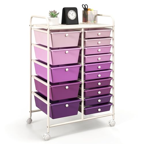 GOFLAME 15-Drawer Rolling Storage Cart, Craft Storage Cart with Removable Drawers & Lockable Wheels, Art Cart Supply Storage Organizer for Home Office Classroom, Purple Gradient - color: Purple Gradient, size: 15 drawer-25"x14.5"x34.5"