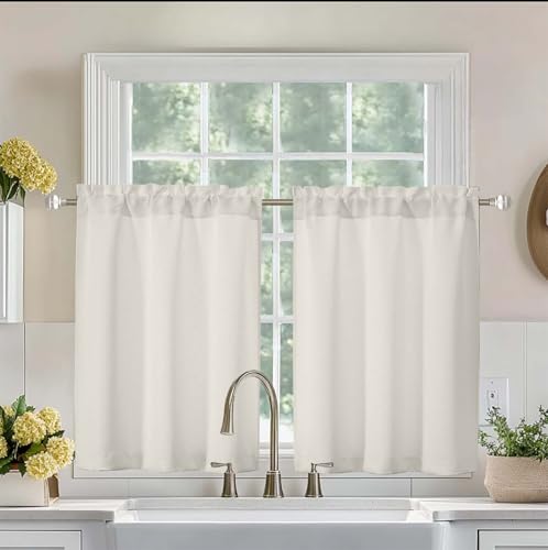 Aiyufeng Natural Short 36 Inches Room Darkening Curtain 2 Panels Set, Half Window Rod Pocket Privacy Tiers for Kitchen, Curtains Blackout for Bathroom Shades, W40 x L36 Inch, Natural - color: Peal, size: 40"W x 36"L (Pack of 2)