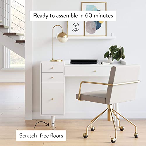 Nathan James Daisy Vanity Dressing Table or Makeup Desk with 4-Drawers and Brass Accent Knobs, White Wood - color: White