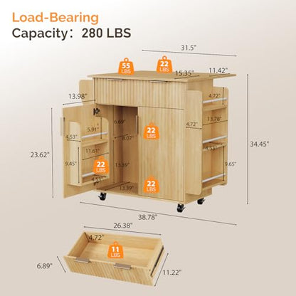 VINGLI Kitchen Island Cart with Storage, Rolling Kitchen Cart on Wheels with Foldable Drop Leaf, 15.35 x 31.15 x 34.45 Inches, Rubber Wood Top, Drawer and Door Cabinet, Oak