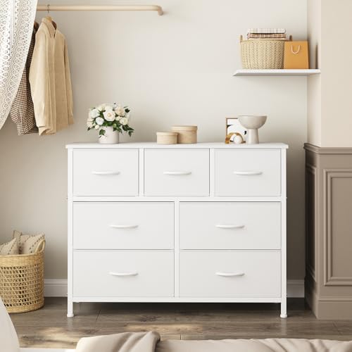 OLIXIS 7 Drawer Fabric Dresser, Storage Tower for Bedroom and Closet | White Easy-Pull Bins for Closet Organizers, Chest of Drawers with Sturdy Steel Frame & Wooden Top for Living Room, Entryway - color: White, size: 11.8"D x 39.4"W x 30.1"H (7 Drawers)